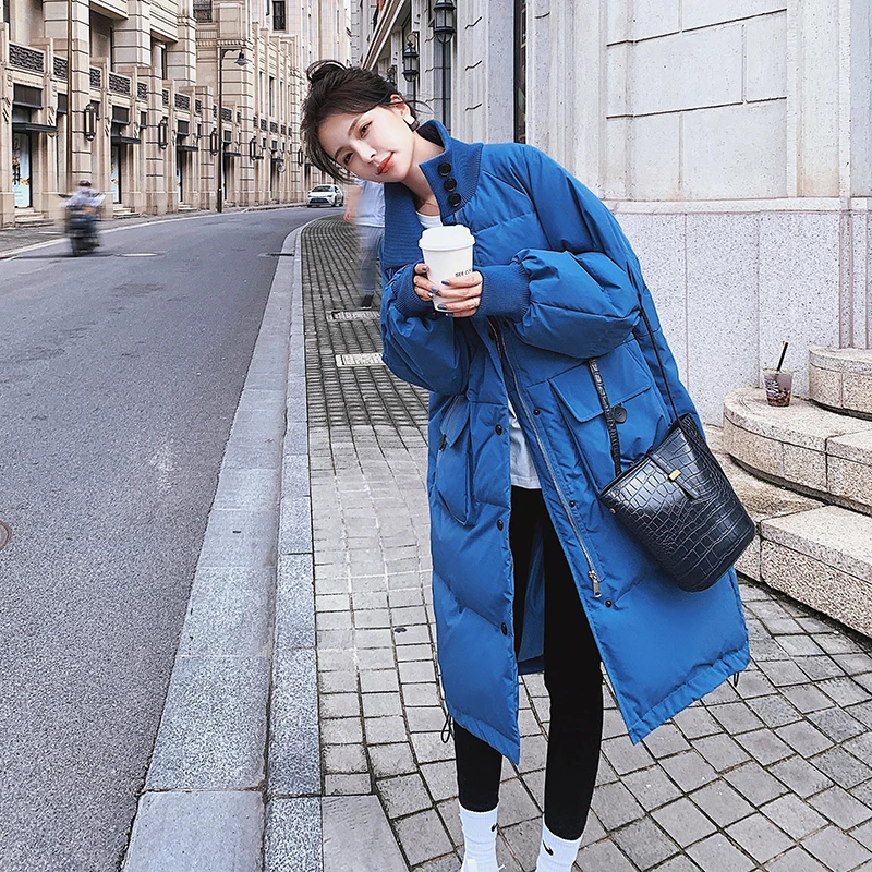 

Winter Jacket Women Fashion Korean Stand Collar Loose Casual Long Blue Cotton Padded Coat Female Elegant Thick Black Parka 2818