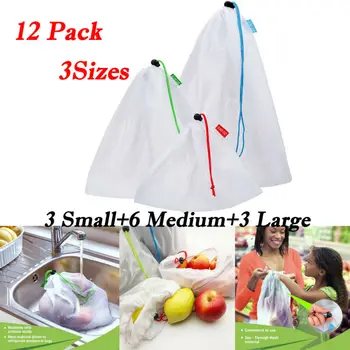 

12PCS Multifuntion Reusable Food Freezer Storage Drawstring Mesh Bags White Shopping Fruit Bags Home Kitchen Storage Bags