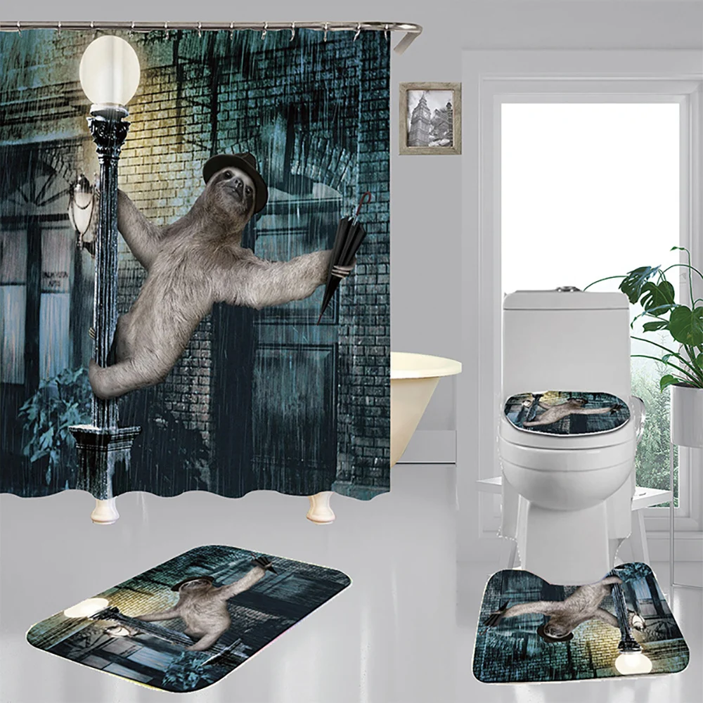 

Funny Bike Dinosaur Waterproof Shower Curtain 4 Piece Carpet Cover Toilet Cover Bath Mat Pad Set Home Bathroom Decoration