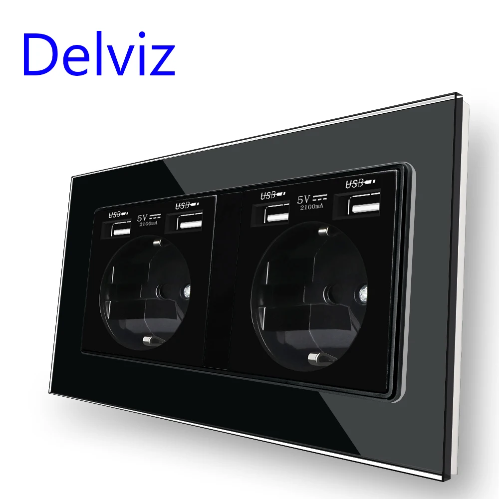 Delviz Wall Double 16A Outlet, With 5V 2A USB charging Ports,AC 110V~250V, Black Tempered Crystal Glass Panel EU Standard Socket