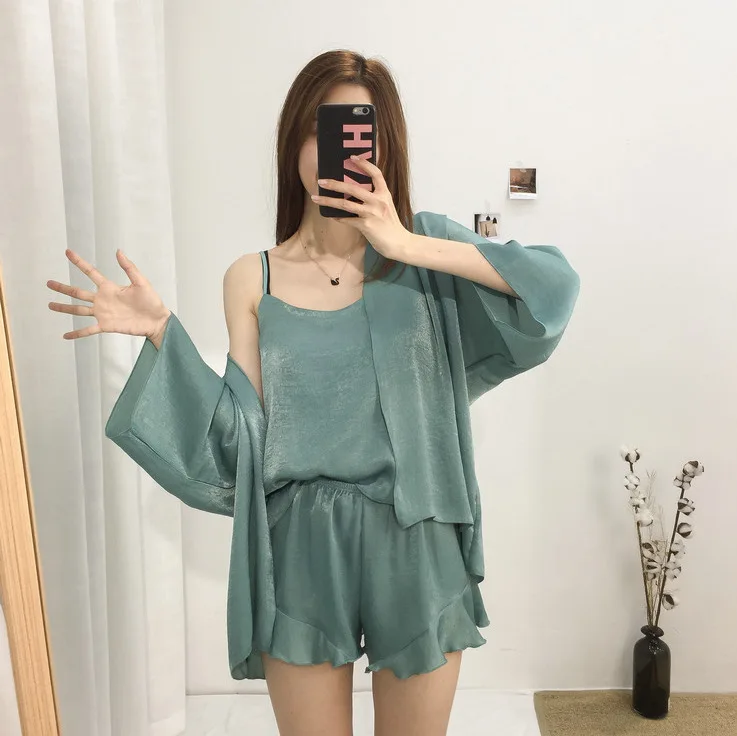 Korean-style Thin New Style Velvet Four-piece Set Pajamas Women's Spaghetti Strap Pajamas Women's Robes Coat Tracksuit Spring An