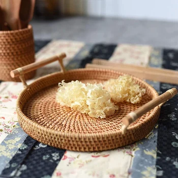 

Rattan Storage Tray Round Basket with Handle Hand-Woven Rattan Tray Wicker Basket Bread Fruit Food Breakfast Display L