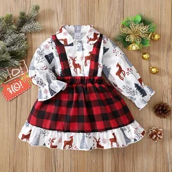Ensemble de vêtements de noël pour bébé fille, haut imprimé à manches longues + robe à bretelles à carreaux, à la mode, nouvelle collection automne 2021 