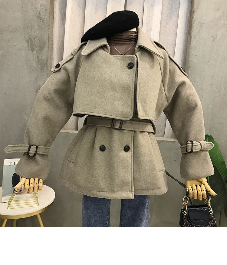 Autumn Winter New Woolen Coat Women's Loose Waistband Tweed Jacket Ladies Wool Blend Overcoat Outwear Student Windbreaker