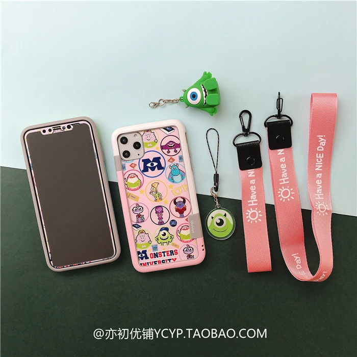 as picture Для iphone 11 pro Max мультфильм Монстры закаленное стекло flim+ мягкий бампер для iphone XS Max XR 7 6S 8plus чехол с принтом "Сейлор Мун"+ 2 ремешка - Цвет: as picture