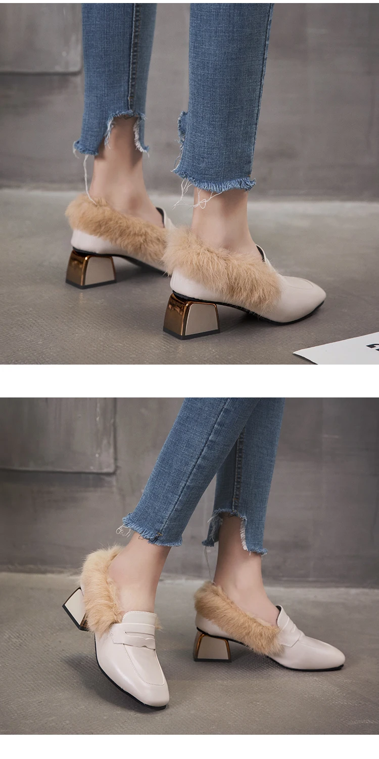 square toe small leather shoes white soft leather fur shoes woman slip on moccasins brand chunky women espadrilles warm loafers