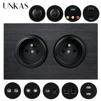 

UNKAS Dual French Aluminum Panel Socket + HDMI Port USB Jack TV RJ11 Telephone RJ45 Internet Dimmer Fan Regulator Switch