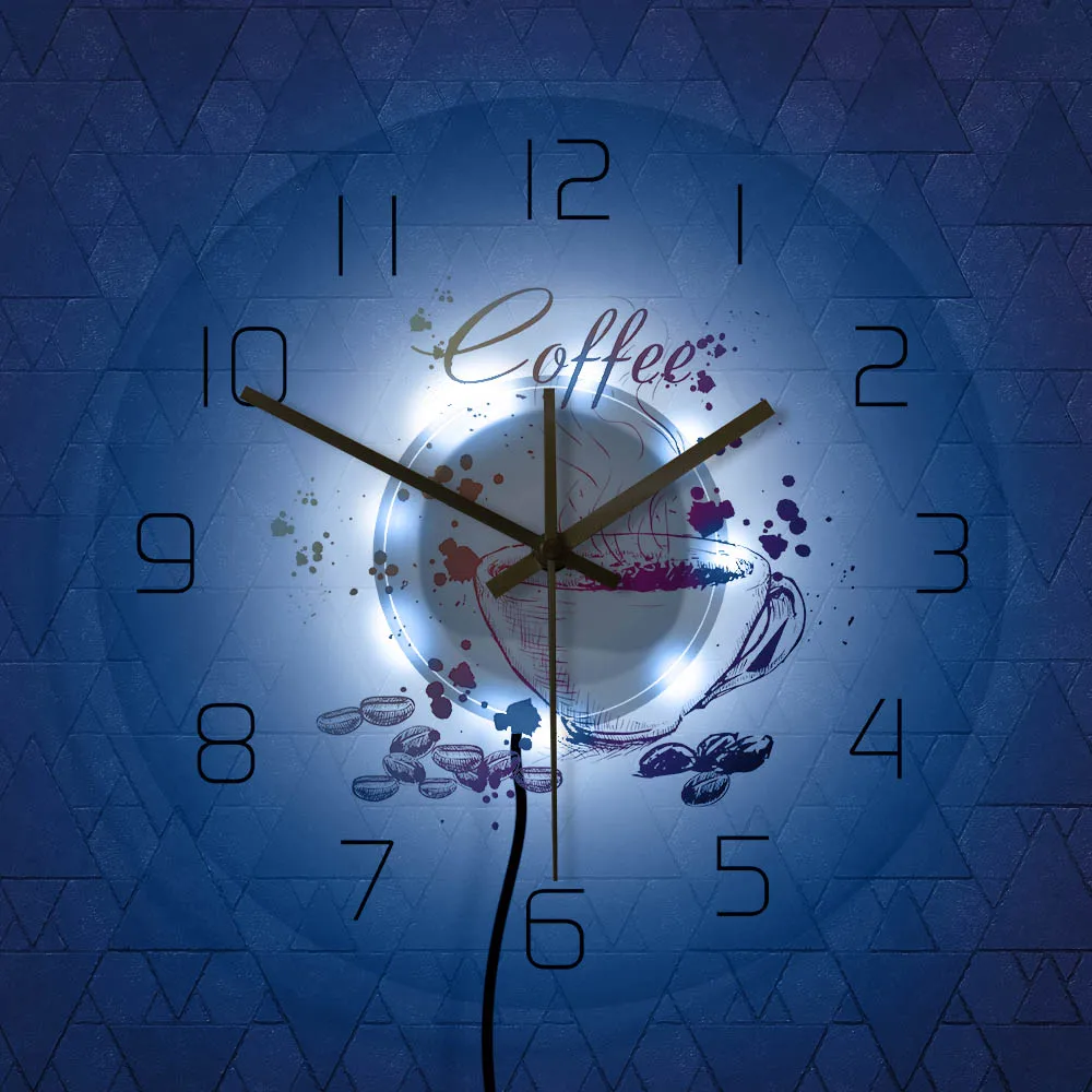 With LED Coffee Theme Modern Acrylic Wall Clock Coffee House Cafe Bar Decorative Wall Sign Painted Coffee Beans And Cup Design Wall Watch - Цвет абажура: With LED