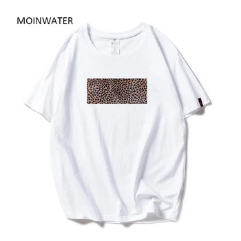 

MOINWATER New Women Fashion Leopard Print T shirts White Black Cotton streetwear T-shirts Lady Casual Tees&Tops MT1964