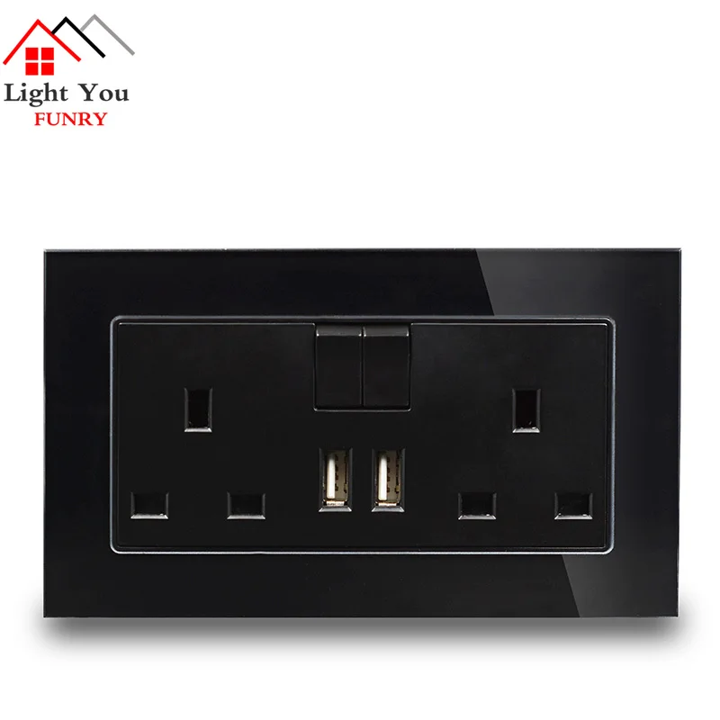 

Crystal Glass Panel Dual USB Charge Port 2.1A Wall Charger Adapter LED Indicator 13A UK Socket Power Outlet Black 1 2 Gang