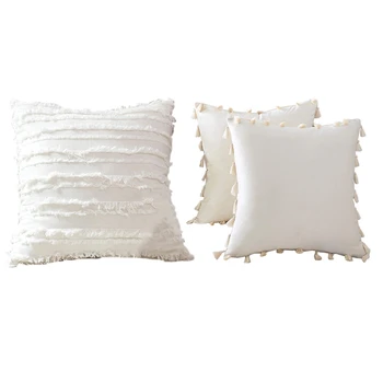 

1x Floral Tassels Square Pillow Case Cotton Pillow Cover 45X45cm White & Pack of 2 Velvet Throw Pillow Cover Milky White