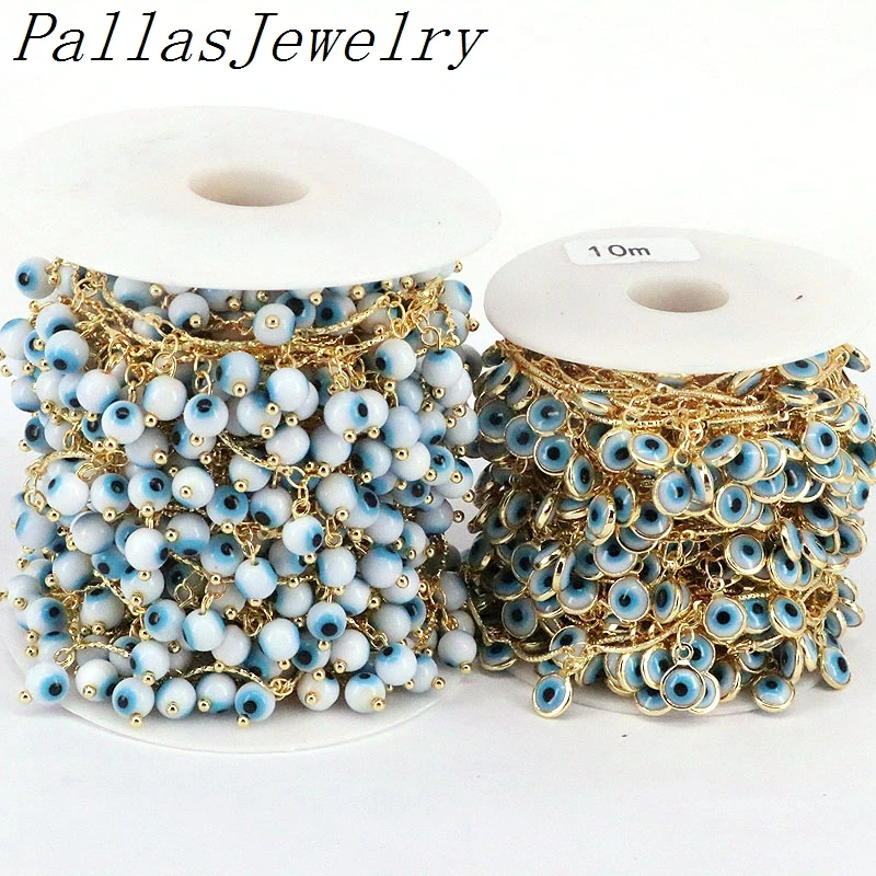 

5Meters, High Quality Plated Gold Round Shape Blue Enamel Eye Beaded Chain for jewelry making Accessories