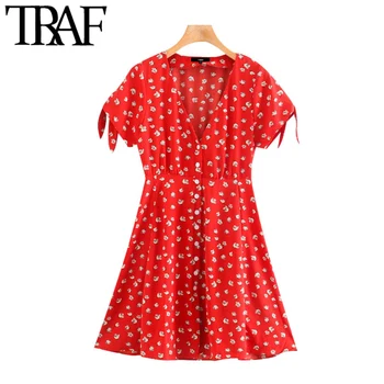 

TRAF Women Chic Fashion Floral Print Pleated Mini Dress Vintage V Neck Tied Short Sleeve Female Dresses Vestidos Mujer
