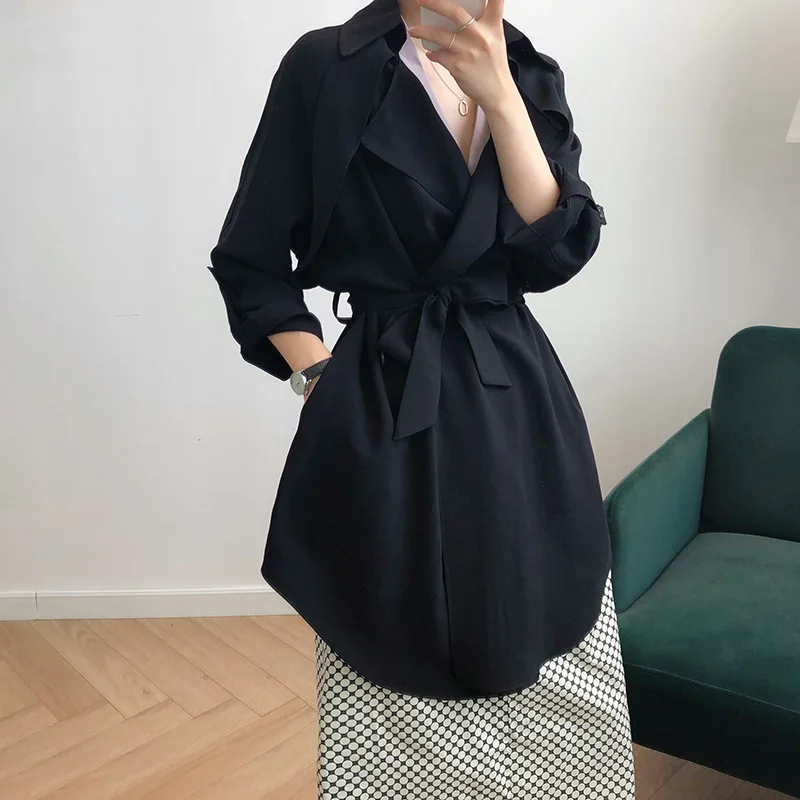 

2020 Korean Clothes Trench Coat Fashion Belt Long Sleeve Loose Black Straight Woman Windbreaker Thin Leisure Corta Vientos Mujer