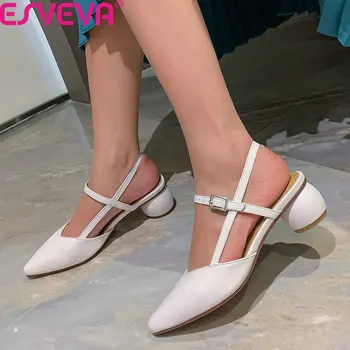 

ESVEVA 2020 Pointed Toe Fashion Sandals Cow Leather Buckle Women Pumps Slingback Square Heel Summer Women Shoes Big Size 34-42