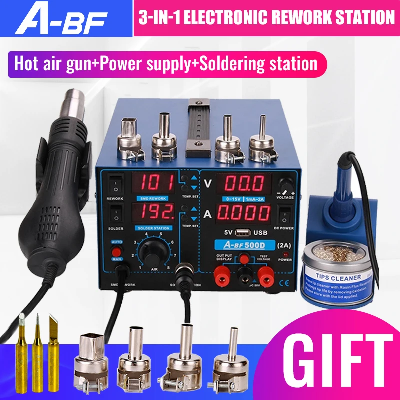 Comprar A BF 500D Estación de retrabajo electrónico 3 en 1 Reparación de PCB móvil Estación de soldadura pistola de aire caliente fuente de alimentación de pantalla Digital