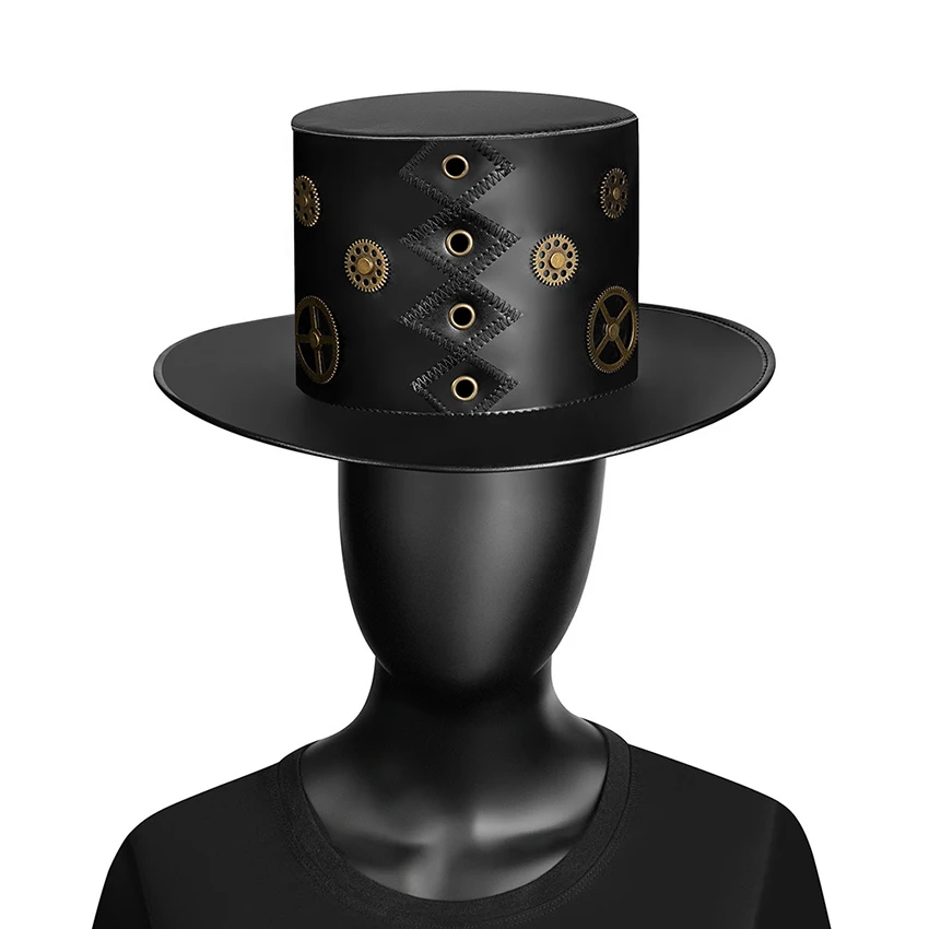 

Magician Top Hat Rivet PU Leather Halloween Adult Plague Doctor Wizard Flat Man Hat Steampunk Gothic Cosplay Props Cap Headgear