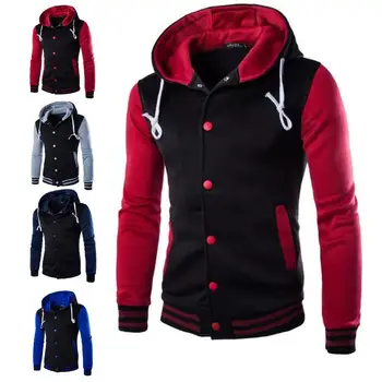

Casual Men Color Block Slim Warm Button up Baseball Jacket Hooded Coat Outwear Men's pattern matching hoodie Sizes S to 5XL