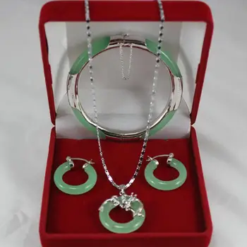 

Free Shipping noble light green Natural JADE bracelet 7.5", round earings, and dragon pendant for Christmas and valentine's day