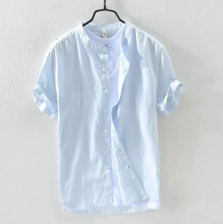 Высококачественные льняные хлопковые рубашки мужские летние тонкие стильные дышащие повседневные рубашки с коротким рукавом мужские модные рубашки с воротником-стойкой - Цвет: Небесно-голубой