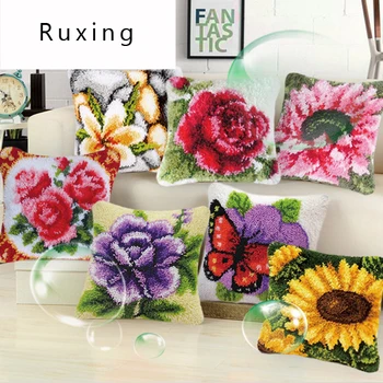 

Embroidery Pillowcase Latch Hook Tapestry Kit Pillow DIY Embroidery Handicrafts Needlework Crochet Hook Pillows Flower Knitting