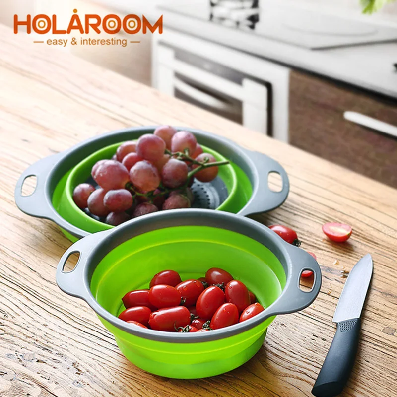 

Holaroom Silicone Folding Drain Basket Retractable Fruit Vegetable Container Drain basket Kitchen Storage Gadgets