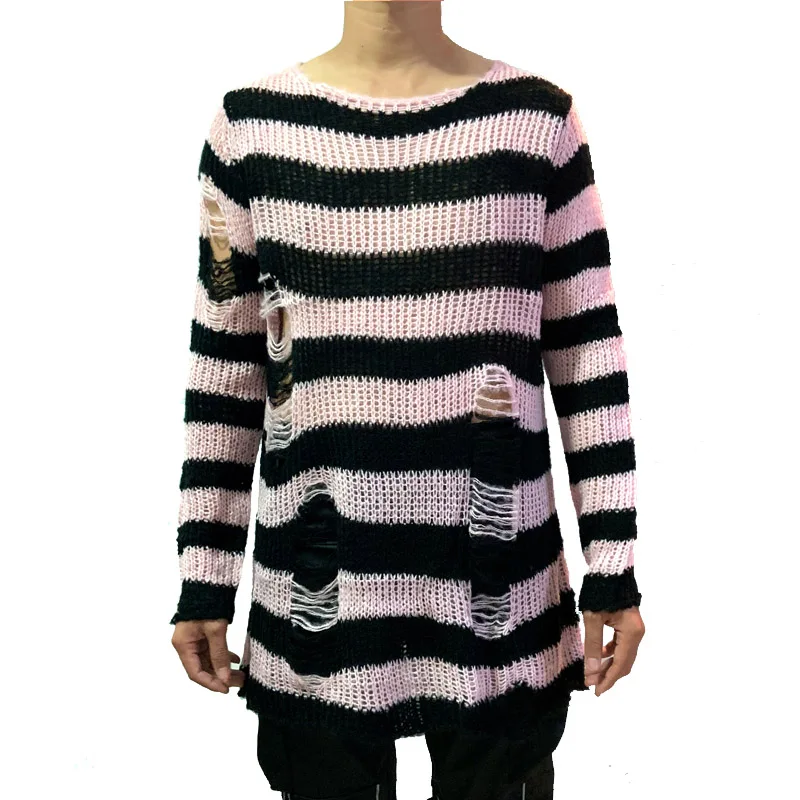 black and pink Панк готический крутой мужской полосатый длинный свитер мужской стрейчевый тонкий пуловер сломанные свитера с вырезами вязаный Топ джемпер - Цвет: black and pink