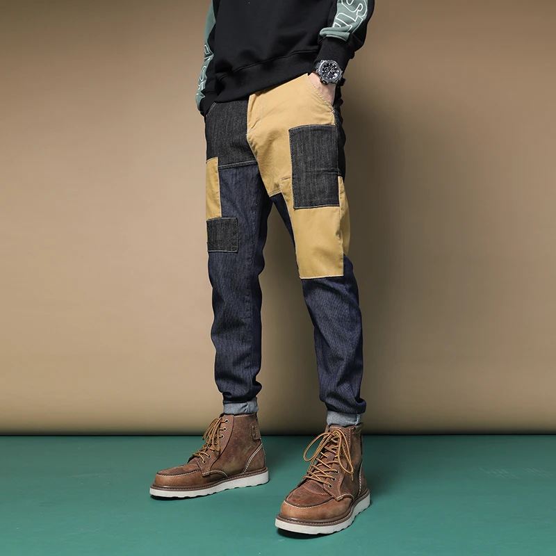 

Patchwork Jeans Fashion Men Loose Straight Pants Streetwear Contrast Denim Trousers