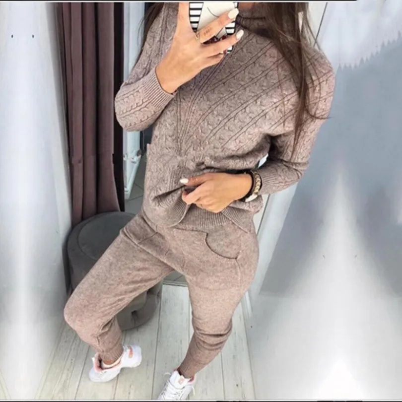 

Taotrees Women's Sweater Suits and Sets Turtleneck Long Sleeve Knitted Pullovers+Pockets Long Trousers 2PCS Sets Autumn Costume
