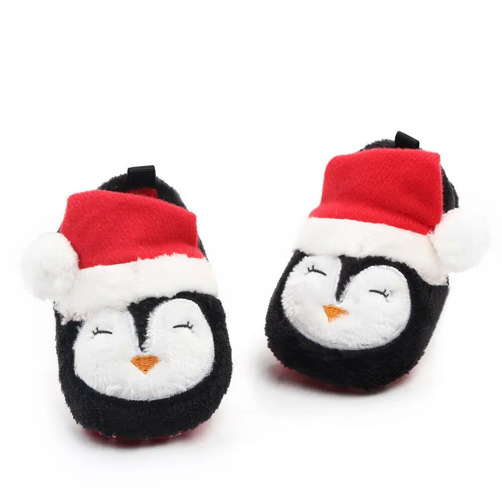 Christmas penguins Детские первые ходунки для маленьких девочек и мальчиков, противоскользящие носки, Мультяшные тапочки для новорожденного, обувь, Санта Клаус, пушистые мягкие ботиночки 0-12 месяцев - Цвет: Christmas penguins