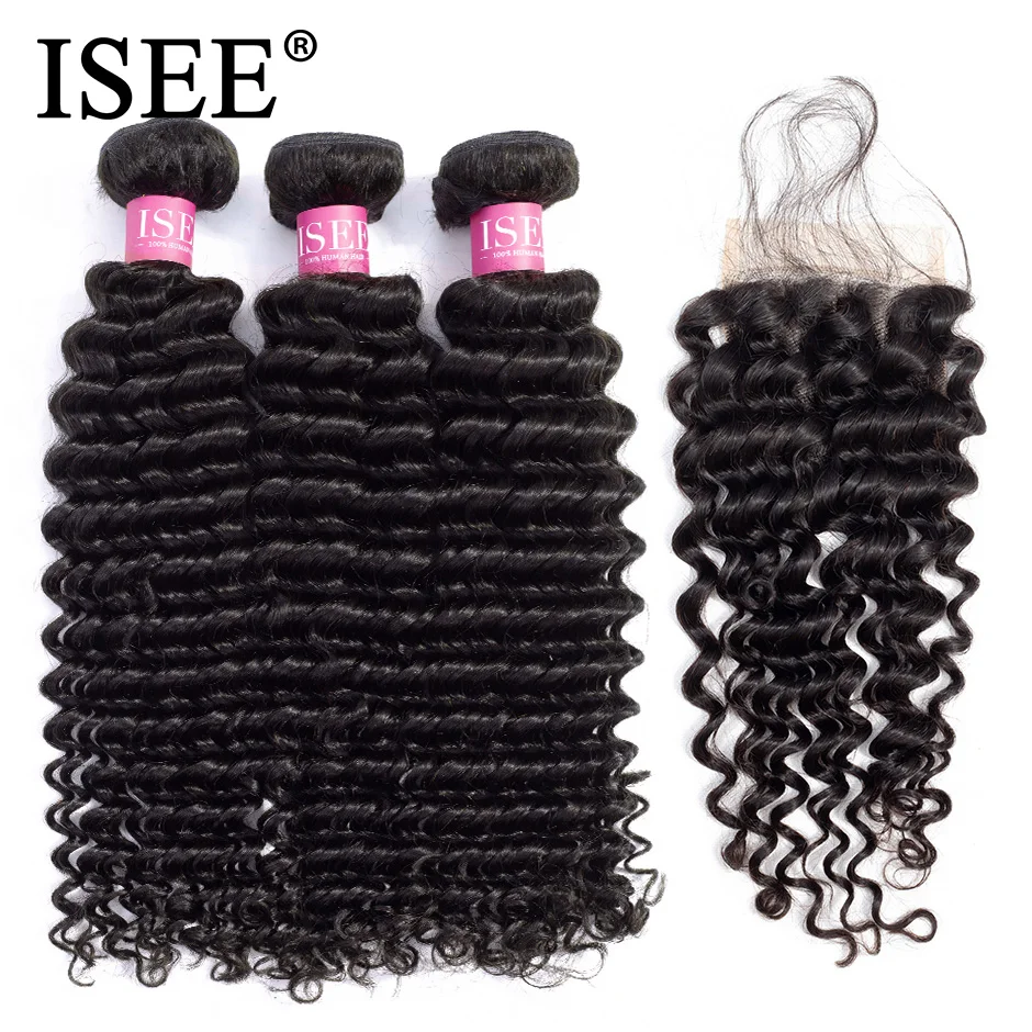 Comprar Mechones de onda profunda con cierre cabello ISEE con cierre mechones de cabello humano con mechones de tejido Frontal brasileño con cierre