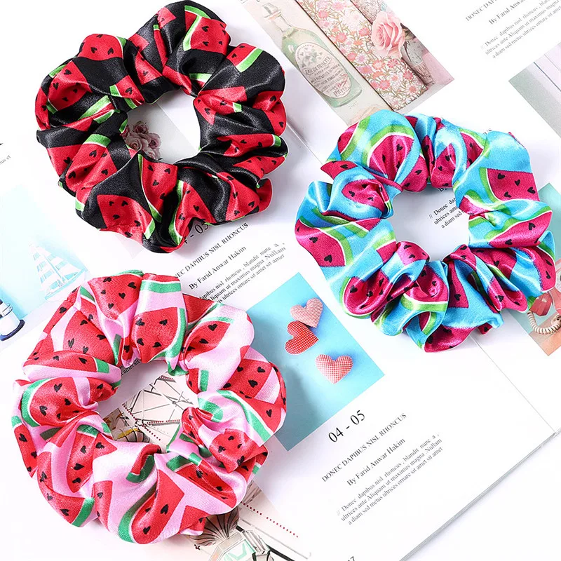 Women Girls Print Satin Big Elastic Rope Bands Watermelon Fruit Cute Heart Print Scrunchies Hair Gums For Bun Make Stretch Bands