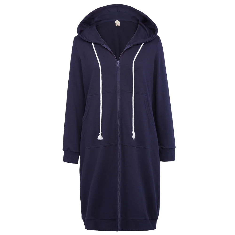 Navy Blue GK Женское пальто осень повседневные Длинные куртки с длинным рукавом на молнии спереди с капюшоном женское длинное пальто серый черный - Цвет: Navy Blue