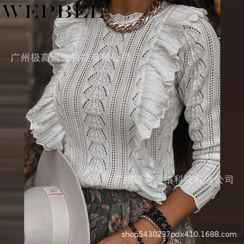 

WEPBEL Women's Solid Color Lace Sweater Autumn Winter Fashion Long Sleeve Patchwork Hollow Out Pullovers Knit Casual Sweater