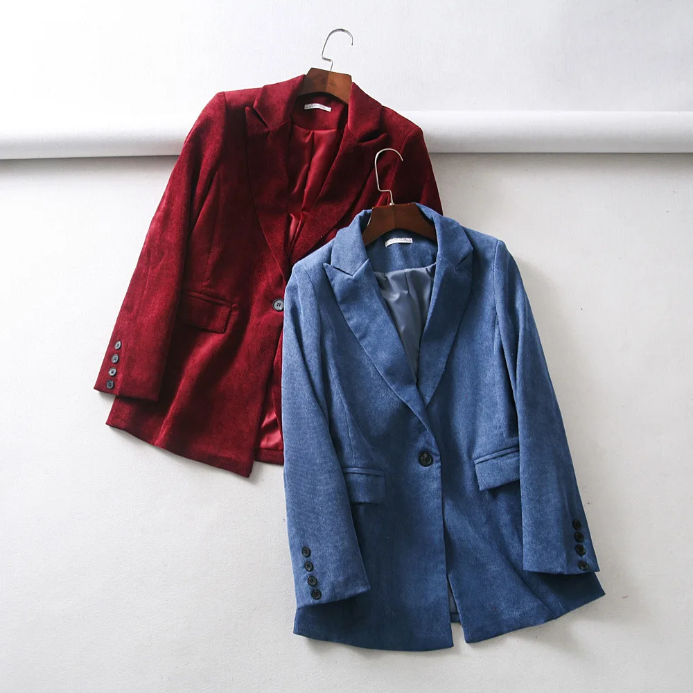

6899-27221 Blouses Autumn 2018 Double Color Loose-Fit Suit Collar Convention Long Sleeve One-Button Corduroy Coat