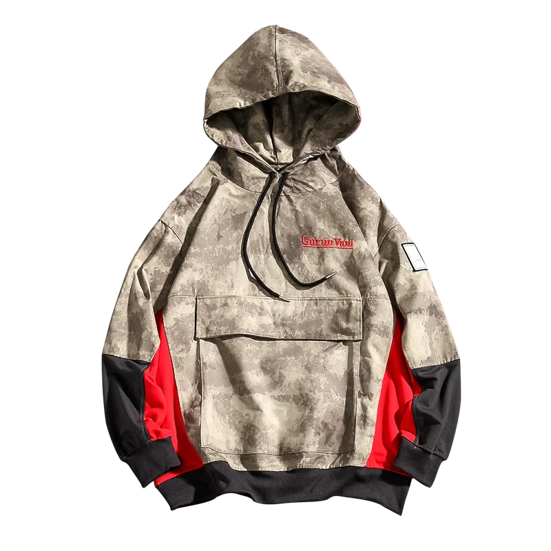 

Autumn Men's Camouflage Jacket Large Pockets Hooded black red Patchwork Tooling Jacket Men Coat Outwear Hoodie