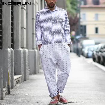

INCERUN Fashion Men Jumpsuit Polka Dot Print Patchwork Long Sleeve Button Lapel Joggers Pants Loose Overalls Streetwear Rompers