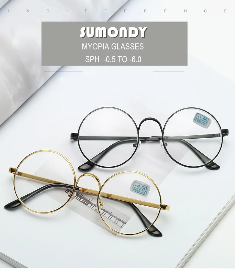 SUMONDY диоптрий SPH-1,0 до-6,0 очки для близорукости женские мужские брендовые дизайнерские круглая оправа из сплава очки для близоруких UF29