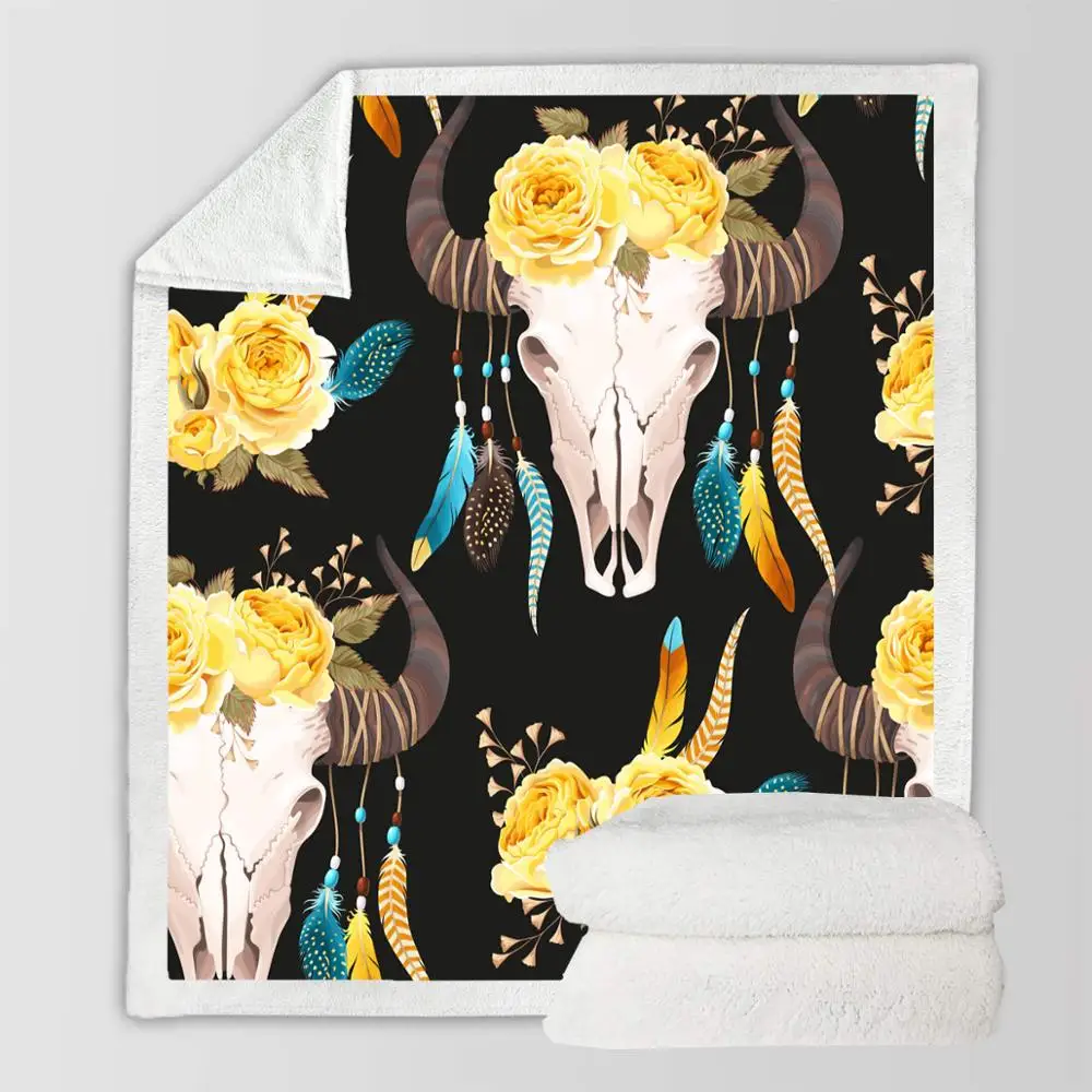 Antelope Floral Throw Blanket 3D Print Feather Coral Fleece Blanket Bohemian Style Blanket for Boys Home Blanket 150x200cm