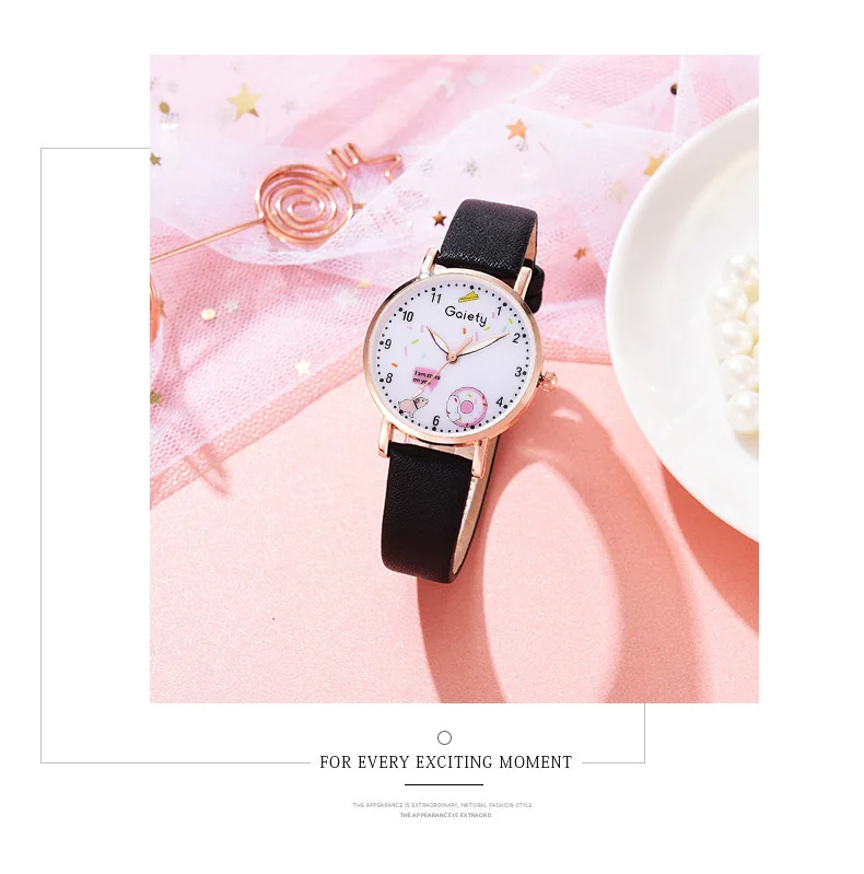 Gaiety Brand 2pcs Set Bracelet Watch For Women Unique Cartoon Pattern Pink Girls Watch Fashion Leather Ladies Clock Reloj Mujer