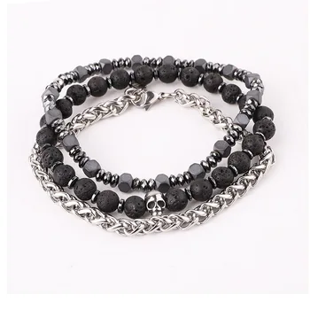 JARAVVI Natural Stone Stainless Steel Skull Charm Lava Elastic Beads Chain Bracelet Set Men Jewelry Gift