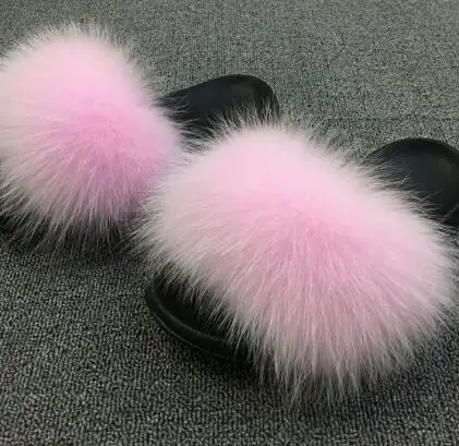 Новые цветные тапочки с натуральным лисьим мехом; женские меховые шлепанцы; женские сандалии с мехом лисы; пушистая обувь на плоской подошве; женские плюшевые Тапочки - Цвет: Pink