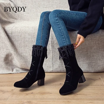 

BYQDY Suede Woman Boots Plus 41-43 Round Toe Tassel Women Chunky Heel Mid-Calf Boots 5CM Heels Autumn Winter Western Boots