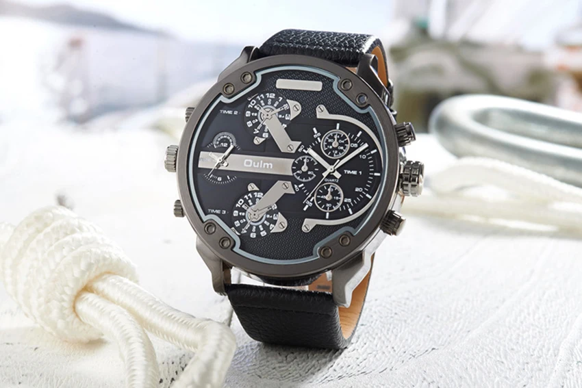 OULM большой циферблат кварцевые часы мужские военные черные цвета из натуральной кожи ремешок повседневные мужские наручные часы Эксклюзивные Мужские часы Montre Homme