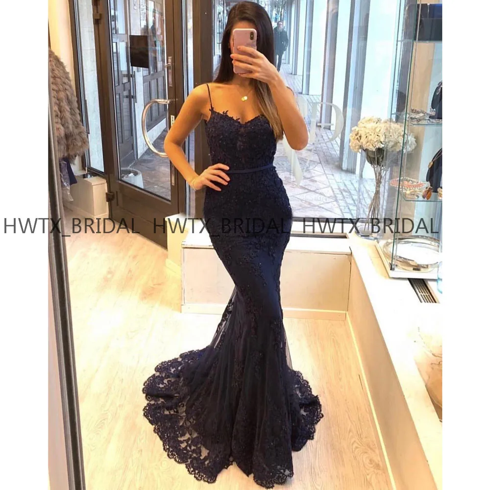 Темно-синее кружевное вечернее платье русалки Vestidos de fiesta de noche длинное вечернее платье на тонких бретелях