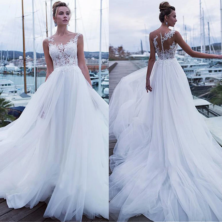 

Vestido De Noive Sexy Tulle See Through Applique Lace Jewel Neckline A-line Wedding Dresses Elegant Tulle Bridal Dresses