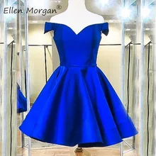 Дешевые простые королевские синие атласные Короткие платья для выпускного вечера реальные фотографии мини сексуальные с плеча линии вечерние платья для выпускного вечера