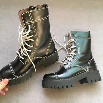 

Platform Women Boots Leather Botas Mujer Lace Up Motorcycle Boots Runway Military Biker Boots Winter Booties Ladies Shoes Woman