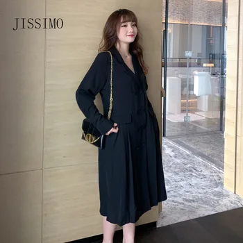 

JISSIMO Dresses For Women autumn French double-breasted mid-length skirt female loose thin suit skirt plus size ruched dress