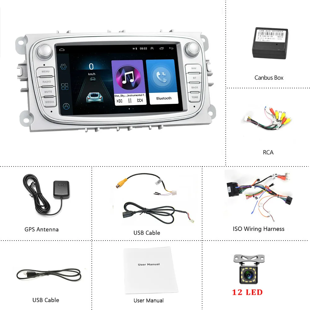 With 12 LED Camera Hikity 2din автомобильный радиоприемник " Зеркало Ссылка проигрыватель Android gps wifi Bluetooth CANBUS для Ford Focus Mondeo C-MAX S-MAX Galaxy II Kuga - Цвет: With 12 LED Camera